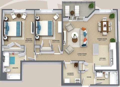 Floor plan for 2 beds, 2 baths, 1175 sqft